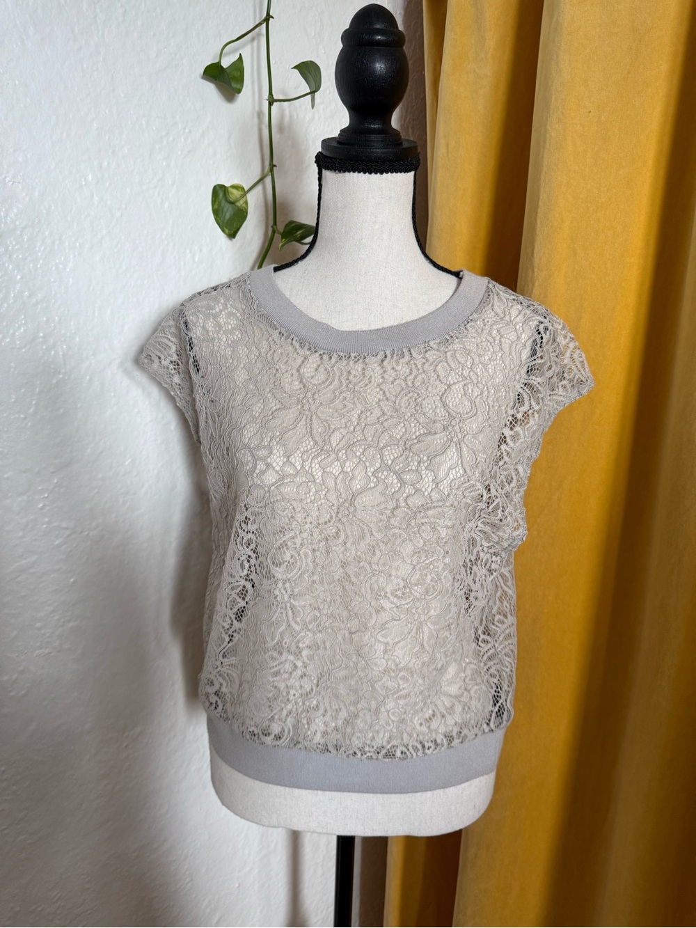 Bailey 44 Light Gray Floral Lace Cap Sleeve Top Size Small